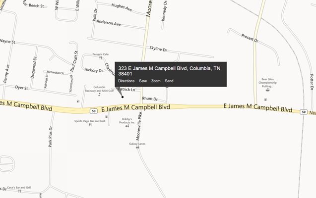 map with address location of 323 E James M Campbell Bldv, Columnbia, TN 38401